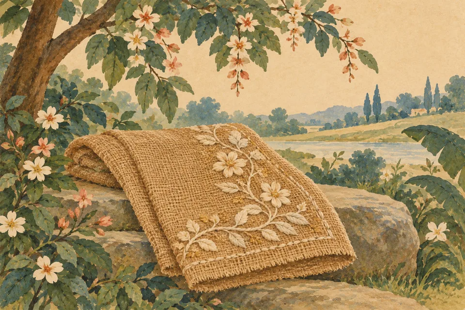 Fine silk floral embroidery beautifies coarse woven cloth, illustrating the poet's comparison of graceful praise and rustic speech.