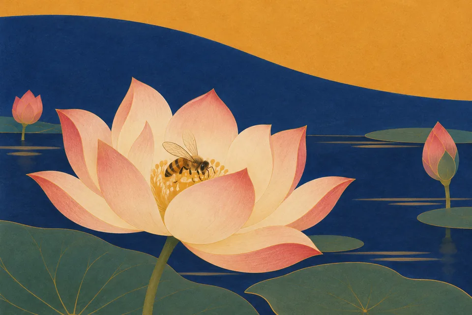 A bee rests within a lotus, illustrating Bharata's mind remaining close to Rama's lotus feet.