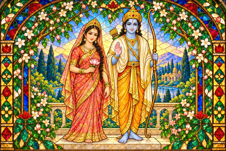 An iconic devotional portrait of Sita and Rama evokes the group's concluding salutation.