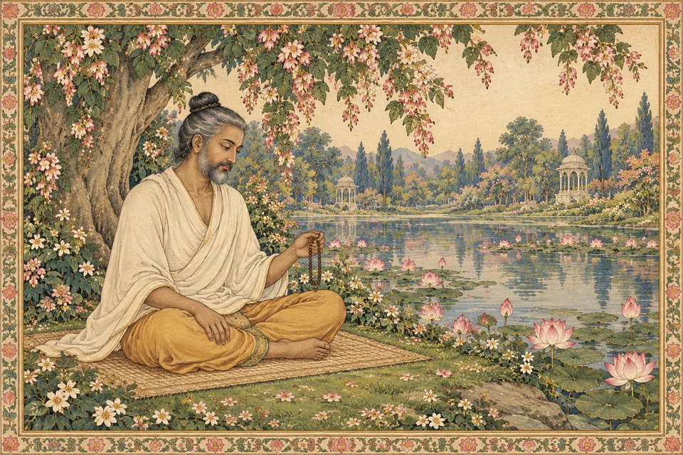 An unnamed yogi quietly holds prayer beads beneath a flowering tree, illustrating the source's chanting practice.