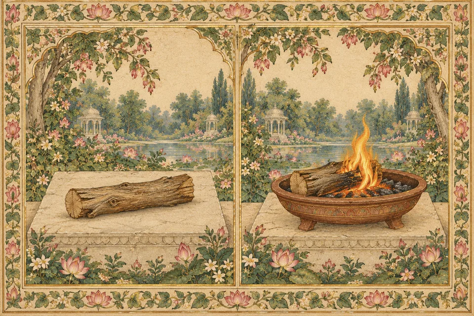 Unlit wood and a gently burning wood piece illustrate the source's latent and manifest fire comparison.