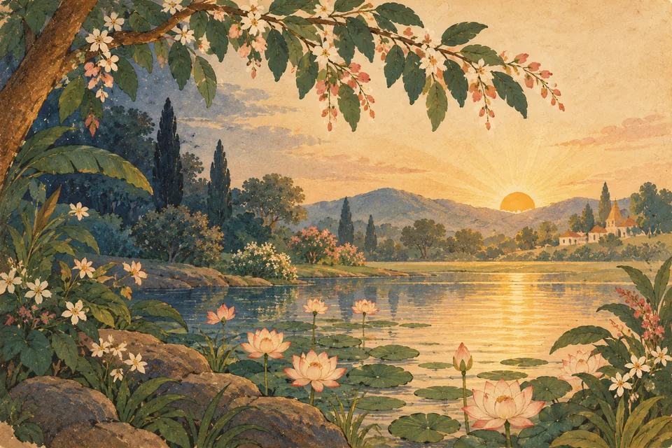 Dawn light reaches a lotus pond, evoking the source's comparison of the Name dispelling darkness.