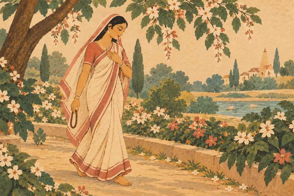 An unnamed devotee walks calmly with prayer beads, evoking the source's closing lines on loving remembrance.