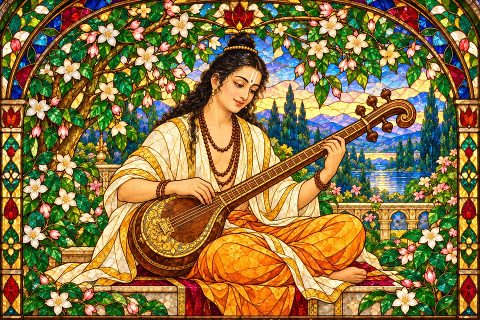 An iconic portrait of Narada with a stringed instrument evokes the passage's praise of his devotion.