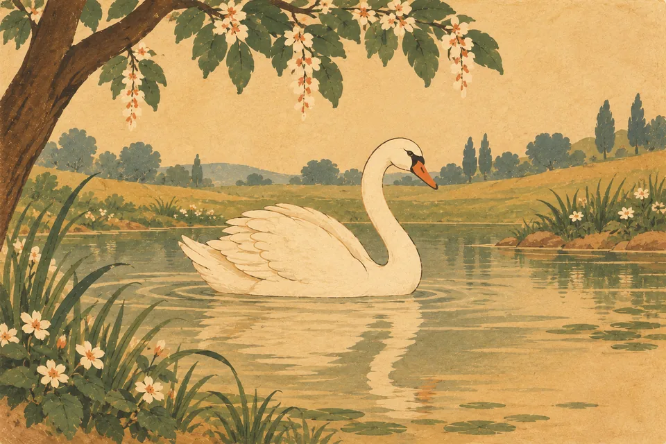 A white swan on a quiet lake evokes the passage’s swan in the devotee’s mind-lake.