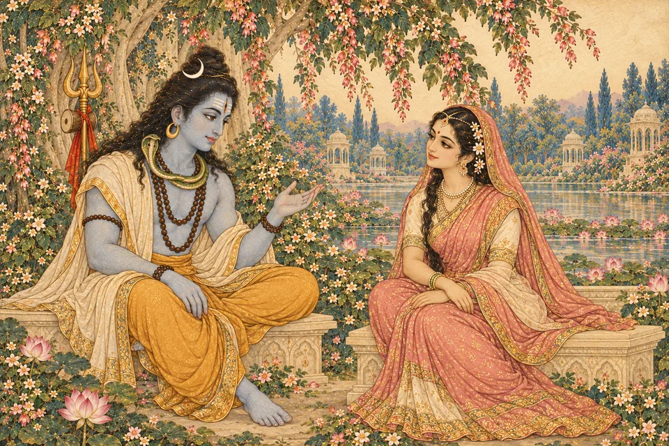 Shiva explains to Uma in an imagined grove, representing the passage’s narration frame.