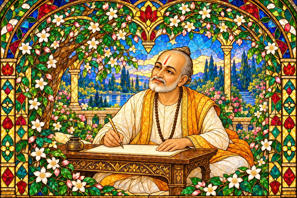 An imaginative portrait of the poet composing beside a blank manuscript evokes his commencement of narration.