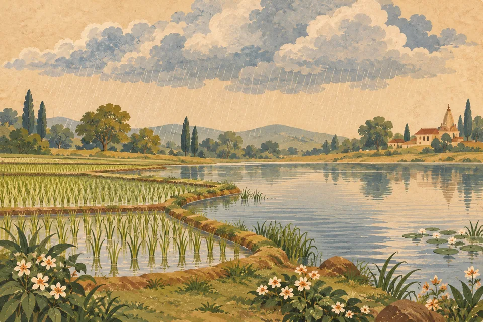 Gentle rain nourishes rice beside a quiet lake, evoking Rama’s story sustaining good deeds and devotion.