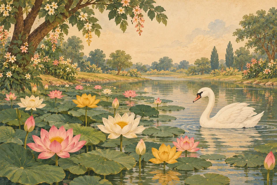 Multicoloured lotuses and a quiet swan evoke poetic metres and contemplative wisdom in the story-lake.