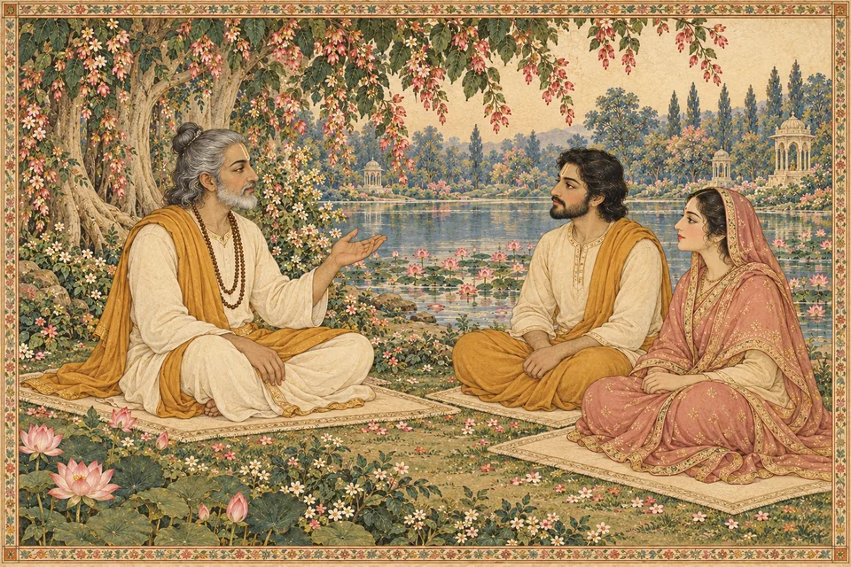 An unnamed reciter and attentive listeners beside an imagined lake evoke the story’s singers and listeners.