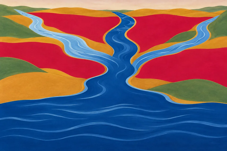 Three imagined rivers converge and flow into an ocean, evoking the passage’s threefold confluence.