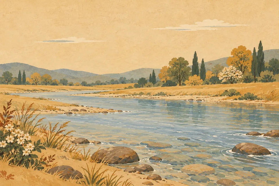 A clear autumn river through an open meadow evokes the passage’s comparison to the joy and humility of Rama’s reign.
