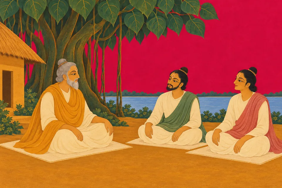Bharadvaja and two unnamed sages gather beneath an imagined ashram tree after morning bathing.