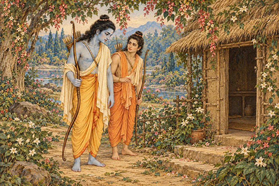 Rama and Lakshmana stand sorrowfully beside the empty forest hermitage after Sita has been taken.