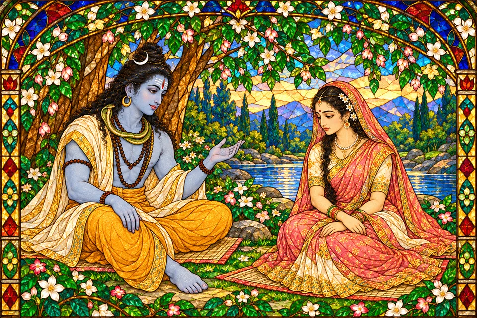 Shiva offers gentle counsel while Sati sits with a thoughtful lowered gaze, before she tests Rama.
