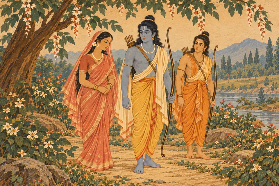 One vision shown to Sati depicts Rama with Sita and Lakshmana; it represents a revealed vision, not an ordinary reunion.