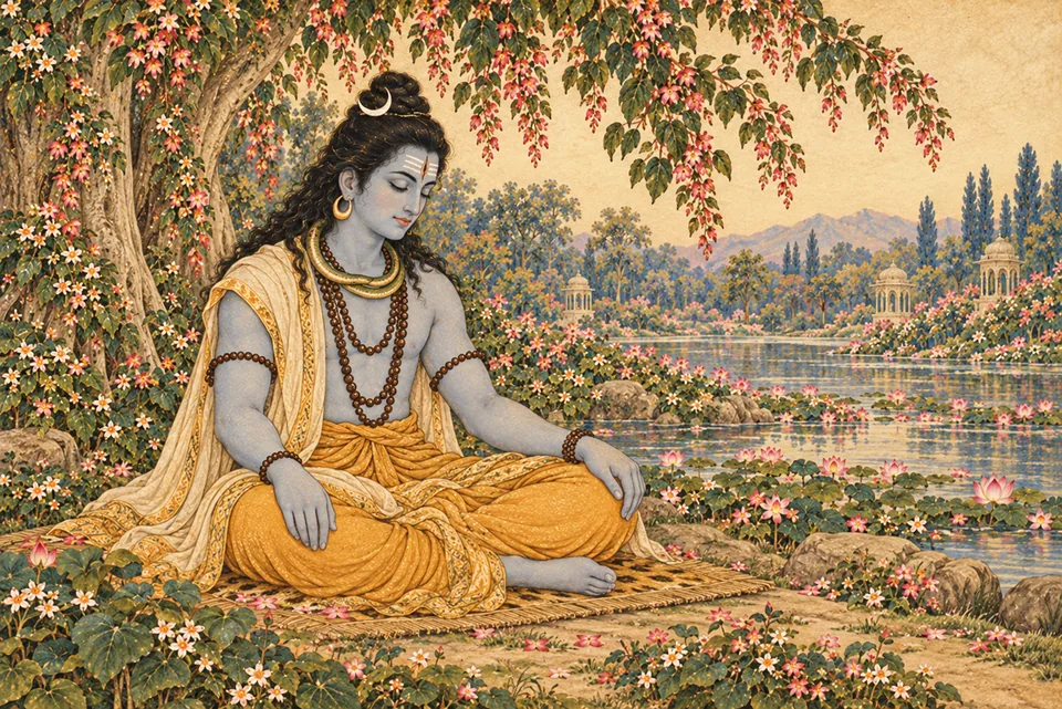 Shiva sits in meditation, the narrated moment in which he learns what Sati has done.