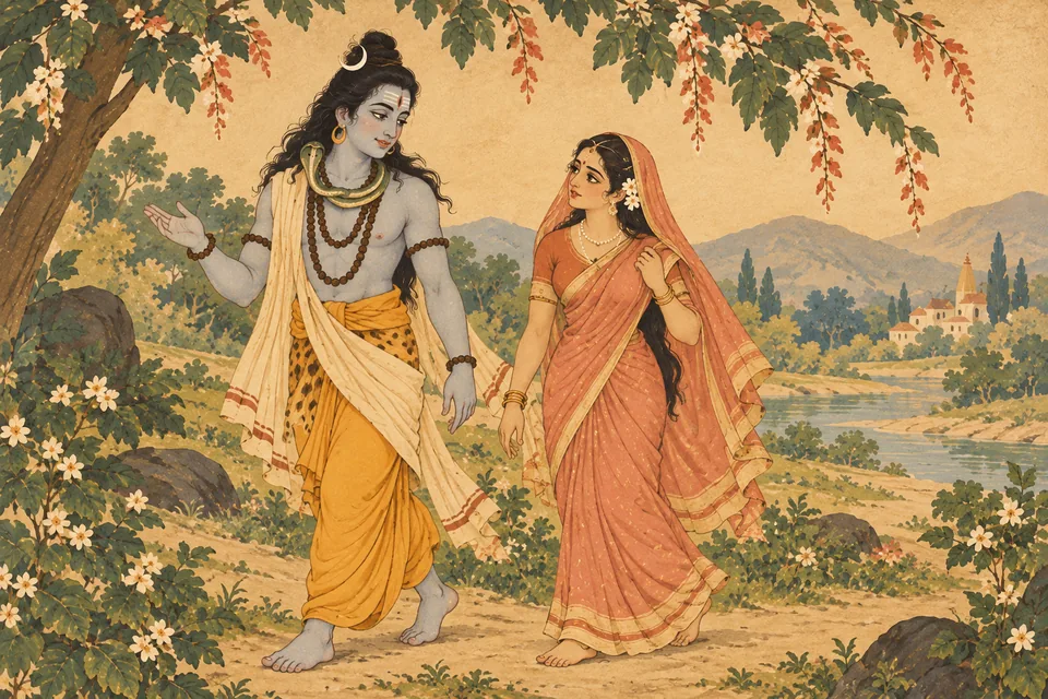 Shiva tells comforting stories as he and the troubled Sati walk toward Kailasa.
