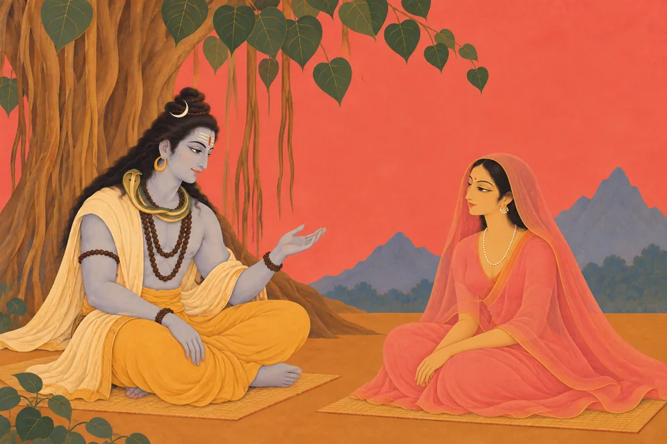 After Shiva emerges from samadhi, Sati sits facing him as he begins Hari-katha.