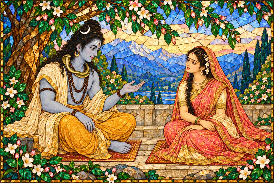 Shiva gently counsels Sati about visiting hostile Daksha without invitation; Sati remains seated and listens.