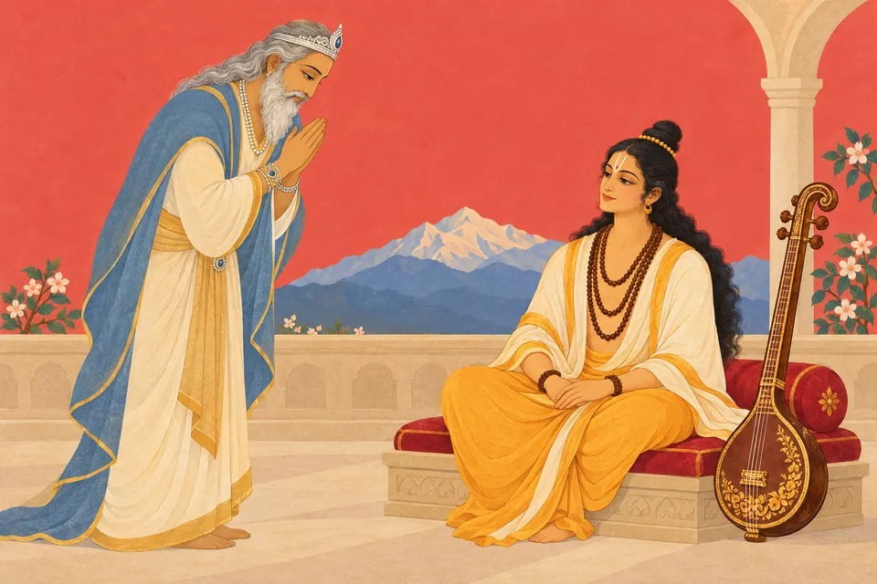 Himavan bows respectfully to Narada, seated in the mountain king's home, with the sage's vina resting beside him.