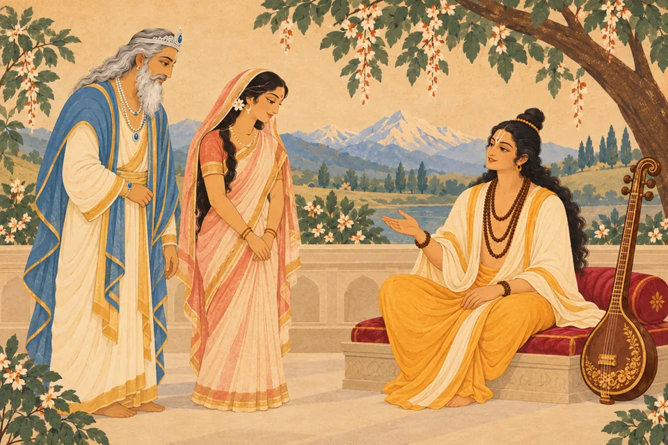 Narada gently praises Uma as she and Himavan listen in the mountain king's courtyard.