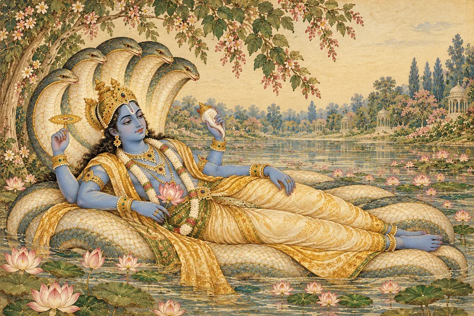 An iconic Hari reclining on a serpent couch evokes the source comparison; four-arm attributes and the serpent canopy are conventional additions.