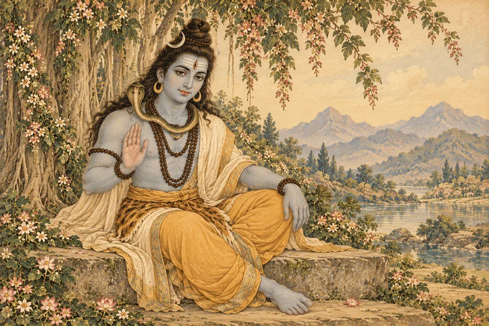 An iconic seated Shiva with a conventional blessing gesture evokes the passage's praise of his boon-giving nature; no particular boon event is shown.
