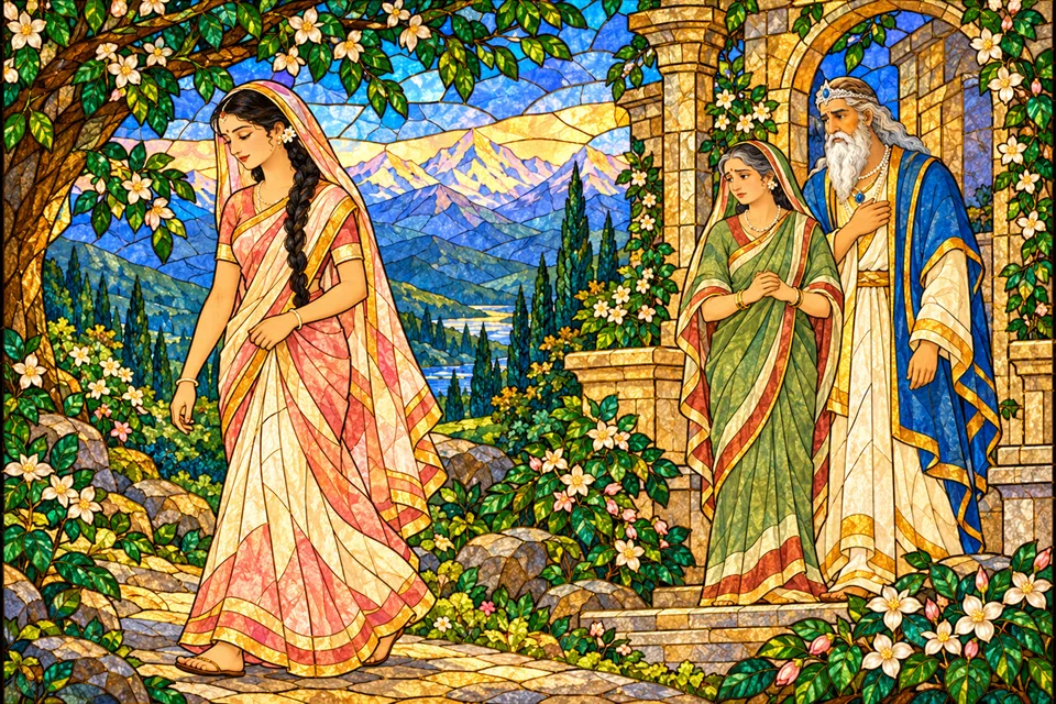 Uma departs with quiet resolve along a mountain path while Maina and Himavan stand distressed and speechless by a gateway.