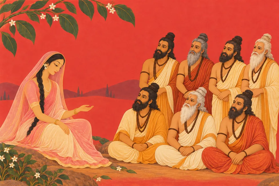 Uma shyly explains her resolve to seven sages, saying she trusts Narada's words and wishes for Shiva as husband.