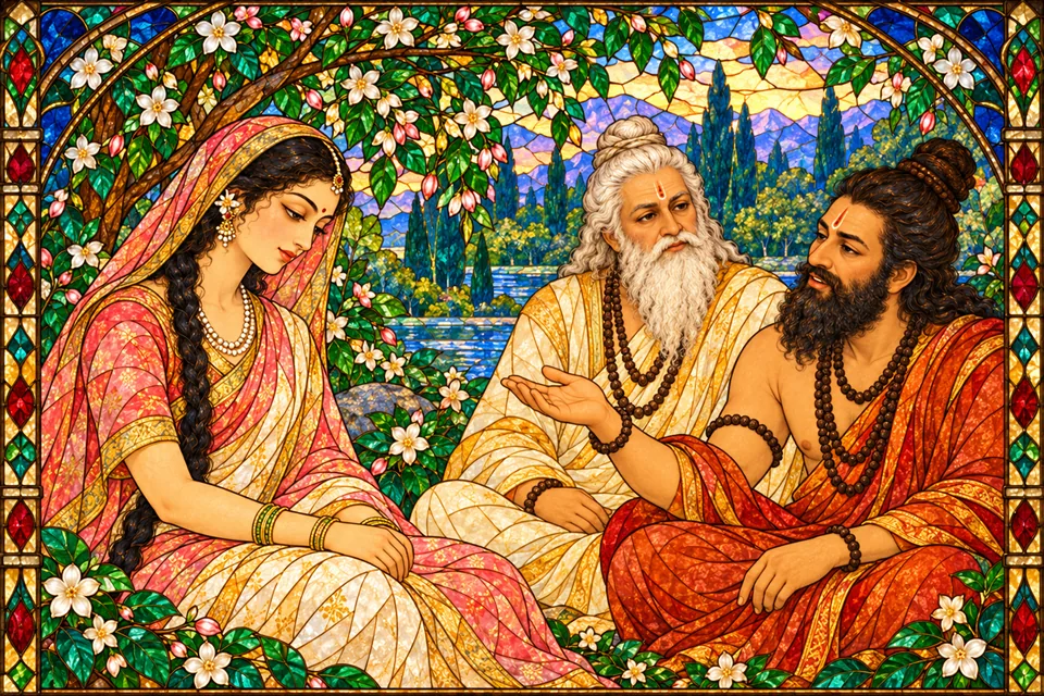 Two representative sages continue their critical speech to Uma, who listens quietly; five sages remain outside the close crop.