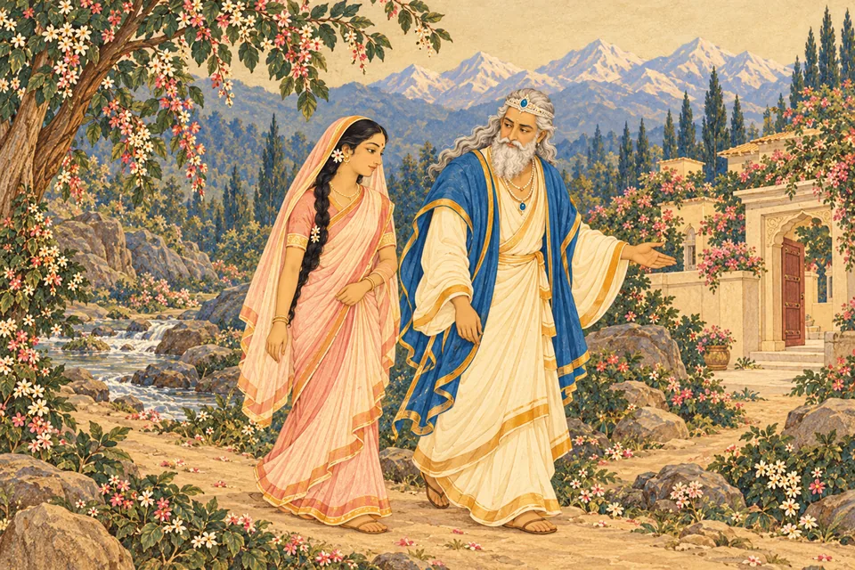 Himavan accompanies Uma home after respectfully requesting her return, walking gently beside her along a mountain path.