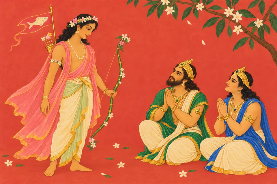 Kama appears with an inactive flower bow and fish banner as two representative gods welcome him with praise.