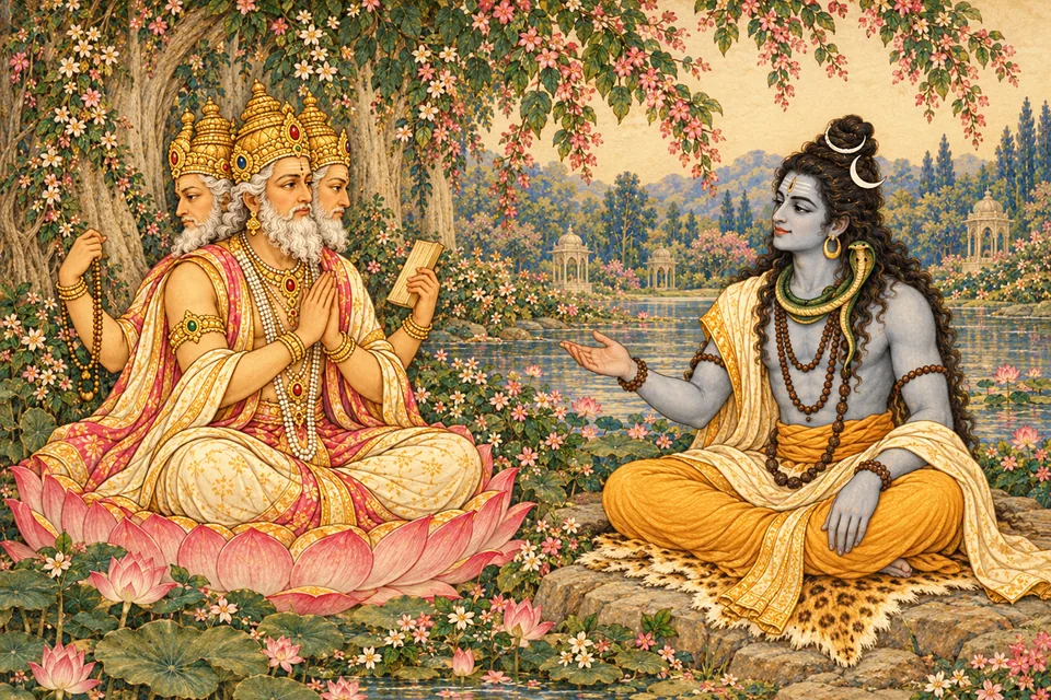 Shiva happily assents to Brahma's request, speaking with a gentle open hand while Brahma listens reverently.