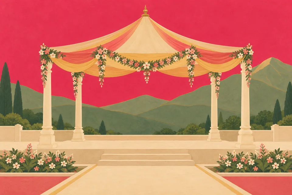An empty floral wedding pavilion stands prepared at Himachala’s mountain home.