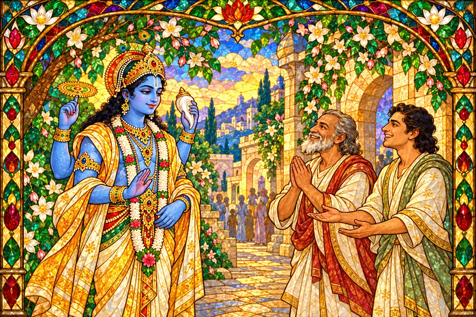 Two smiling human welcomers greet Vishnu joyfully at the town entrance.