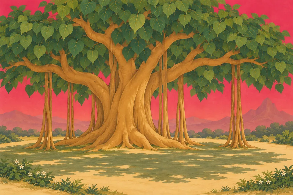 A vast stylized banyan with aerial-root columns shelters an empty, cool shaded space.