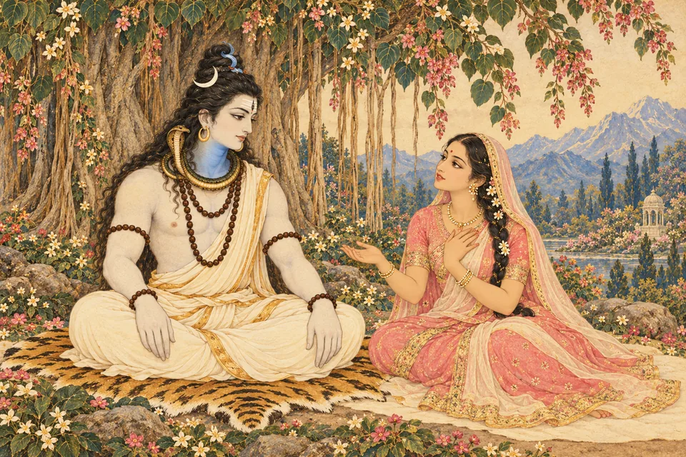 Uma earnestly asks Shiva to remove her confusion, one hand at her chest and one open in request.