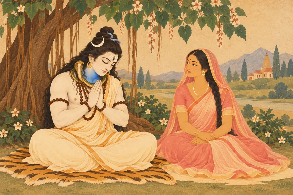 Shiva bows his head with joined palms in inward prayer to Rama as Uma sits quietly beside him.