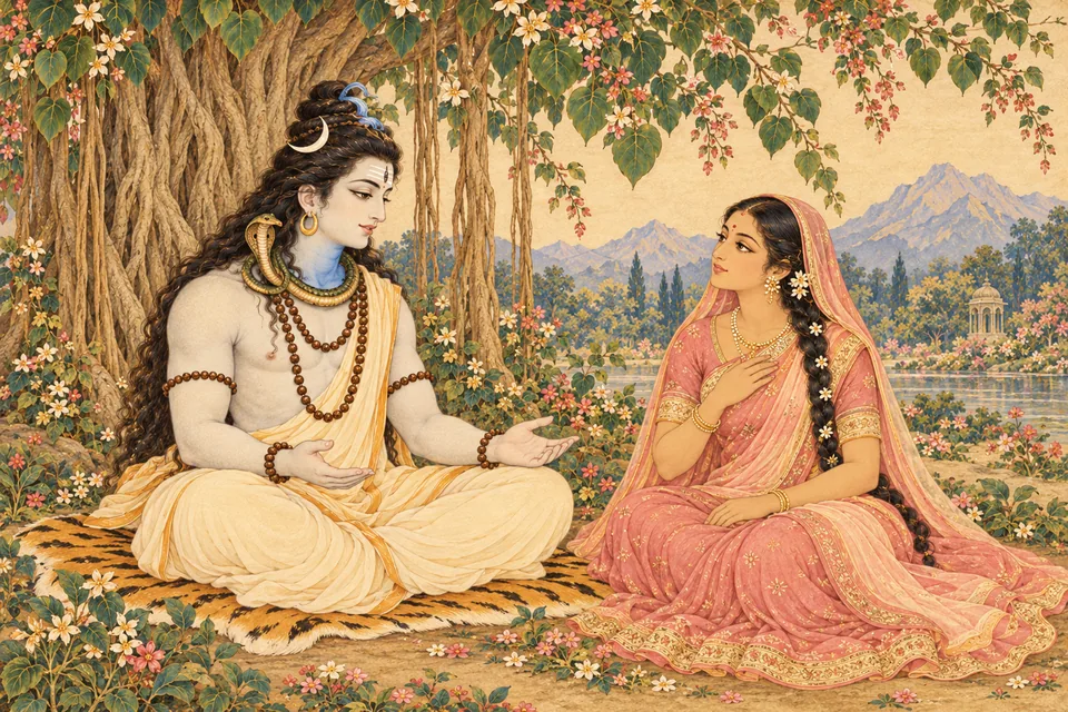 Shiva explains the benefit of telling and hearing to Uma, who listens with one hand at her chest.