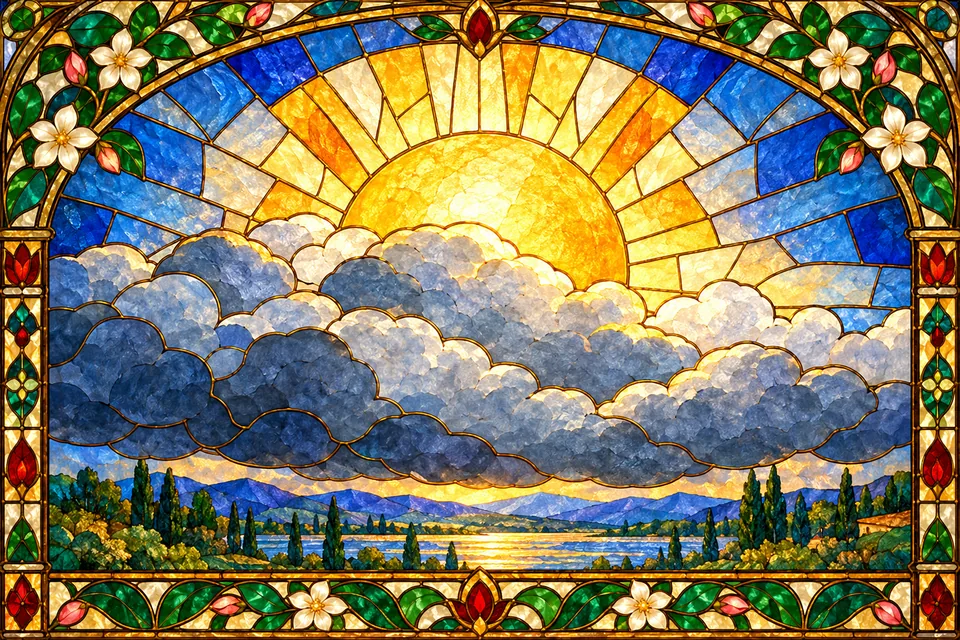 A symbolic stained-glass panel of clouds partly screening one sun illustrates the source's comparison.