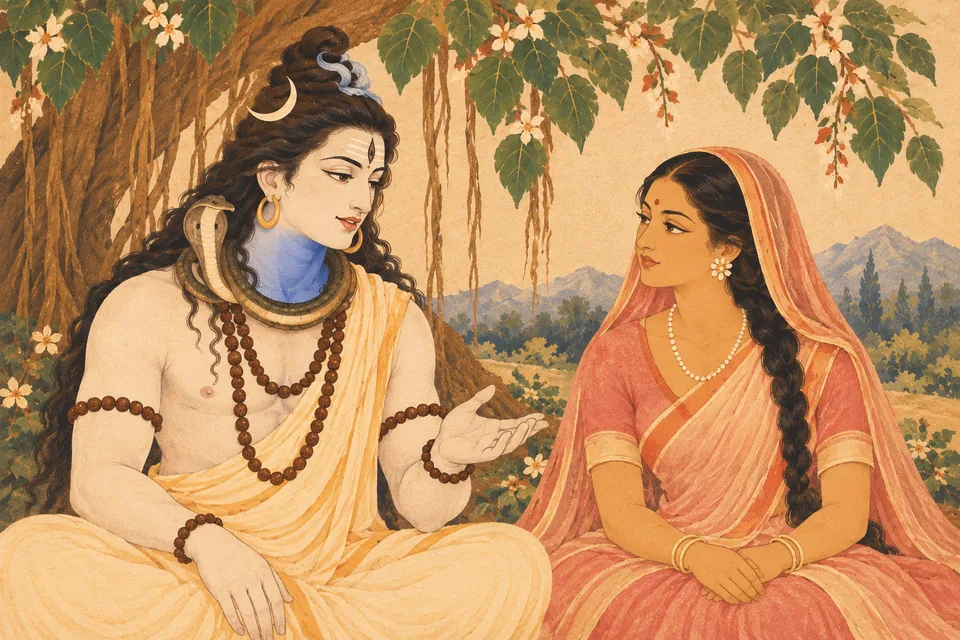 Shiva explains to attentive Uma that merciful Rama's grace removes confusion, without depicting a supernatural effect.