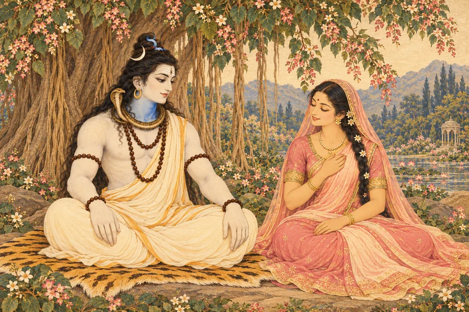 Uma smiles quietly with one hand at her chest after Shiva's words, expressing relief and growing love and trust in Rama.