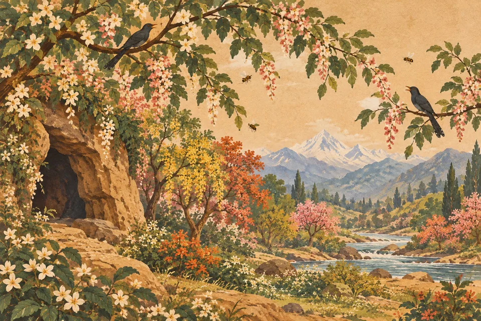 Flowering trees, cuckoos and bees surround the Himalayan cave and nearby Ganga in Kama's spring setting.