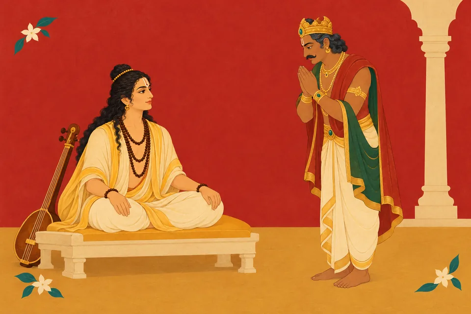 King Shilanidhi respectfully receives seated Narada in the imagined palace of the maya-created city.