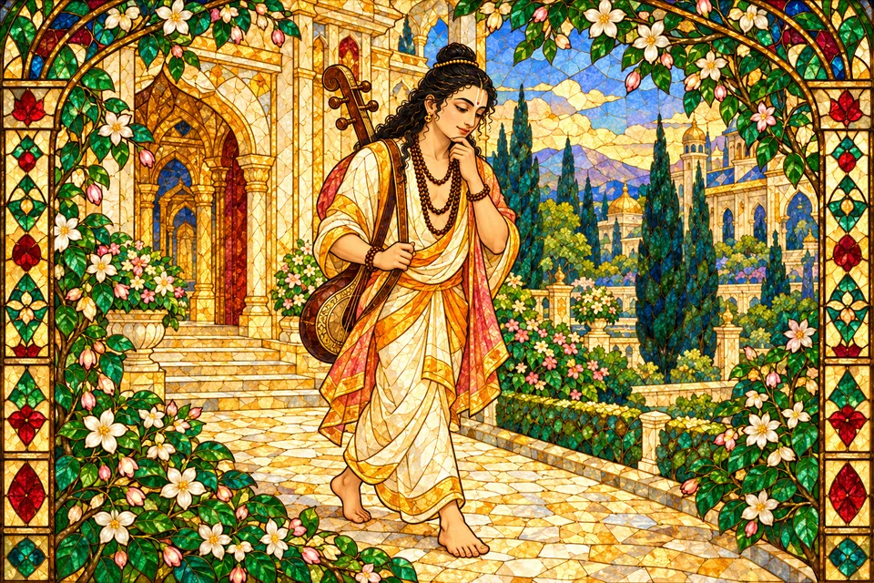 Narada leaves the king's house, privately considering how Princess Vishvamohini might choose him.