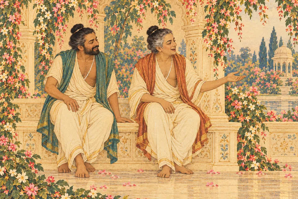Rudra's two disguised attendants sit nearby, teasing Narada and laughing within his hearing.