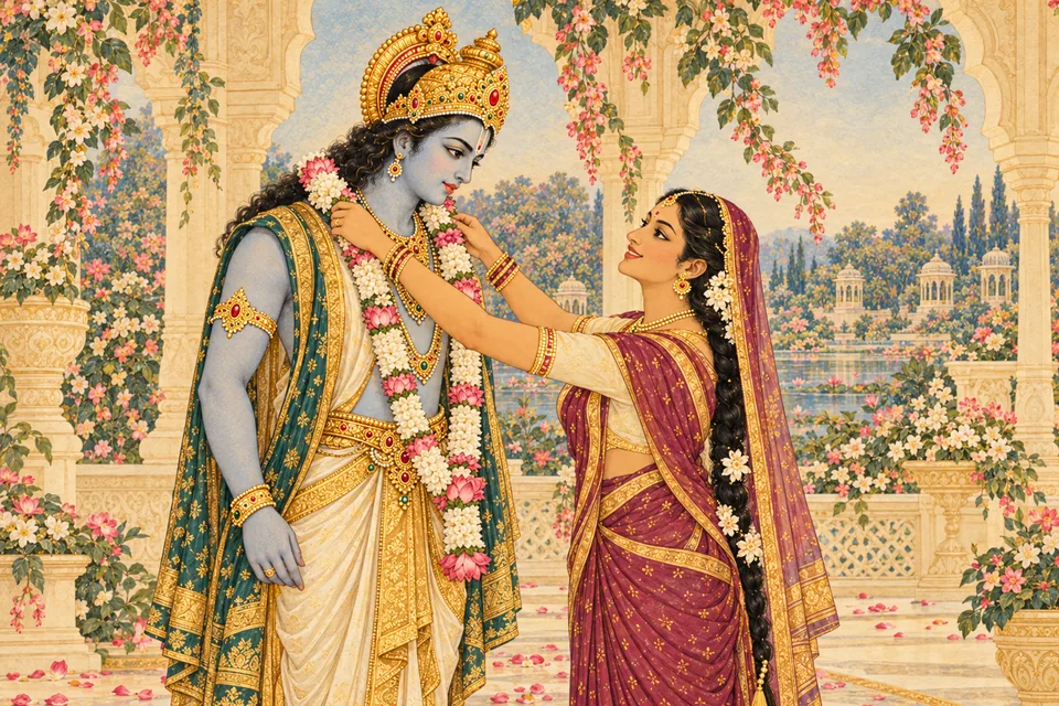 Princess Vishvamohini joyfully places the victory garland on Hari in a king's form.
