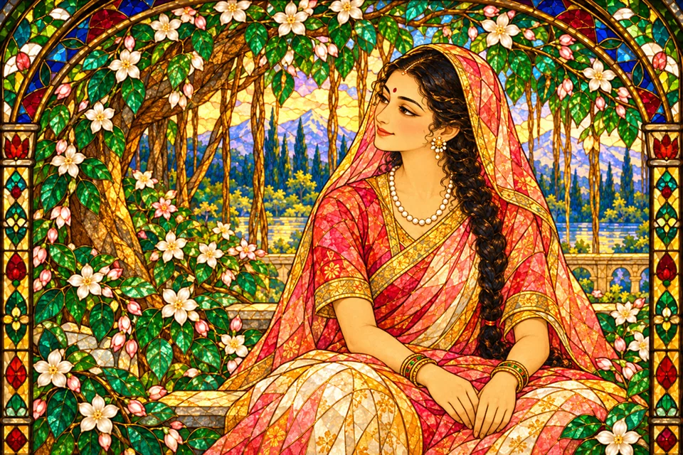 Uma listens to Shiva's words and smiles gently with shyness and love.