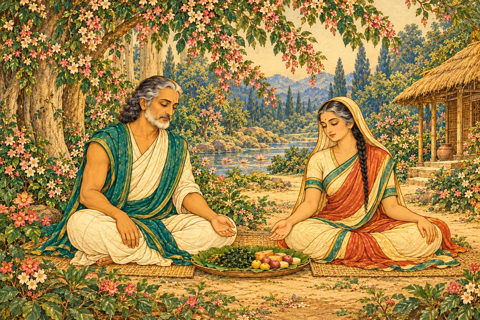 Manu and Shatarupa share greens, fruit and roots while inwardly remembering Satcitananda Brahman.